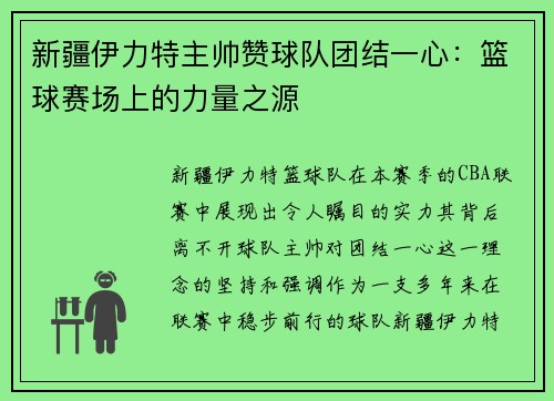 新疆伊力特主帅赞球队团结一心：篮球赛场上的力量之源