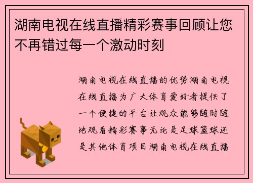 湖南电视在线直播精彩赛事回顾让您不再错过每一个激动时刻